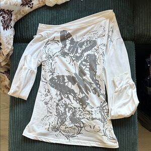 White and Gray Off-Shoulder Top